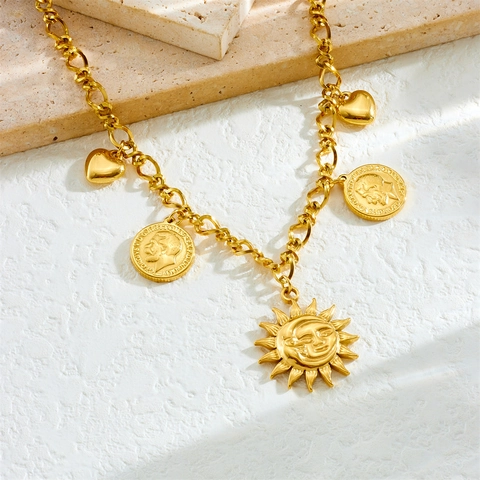 Collar De Cadena Gruesa De Acero Inoxidable Estilo Punk Color Dorado Con Colgantes De Sol Luna Corazón Moneda Joyería Retro