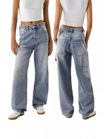 Women Wide Leg Jeans High Waist Denim Pants Loose Fit Retro Streetwear Heavy Wash Cargo Pockets Casual Trousers