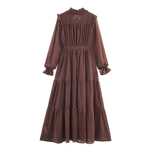 Polka Dot Maxi Kleid Chiffon Polyester Rüschenbesatz Langer Trompetenärmel Hohe Taille Gestuftes Französisches Retro Kleid
