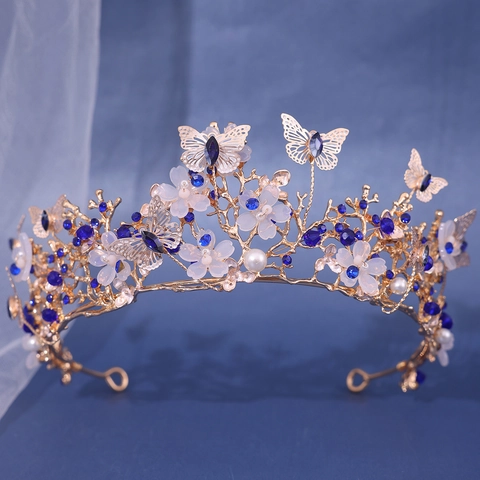 Barocke Brautkrone Tiara Exquisite Legierung Rheinkiesel Kristall Künstliche Perle Schmetterling Blume Kopfschmuck Für Hochzeit Party