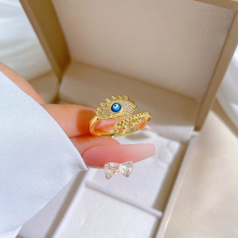 Evil Eye Ring Gold Vergoldetes Messing Zirkonia Verstellbarer Offener Ring Eleganter Minimalistischer Schmuck