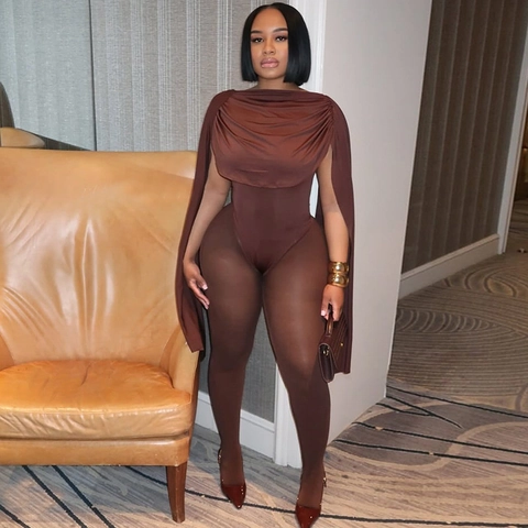 Tuta Da Donna Senza Maniche Spalle Scoperte Con Mantella Increspata Vestibilità Aderente Poliestere Clubwear