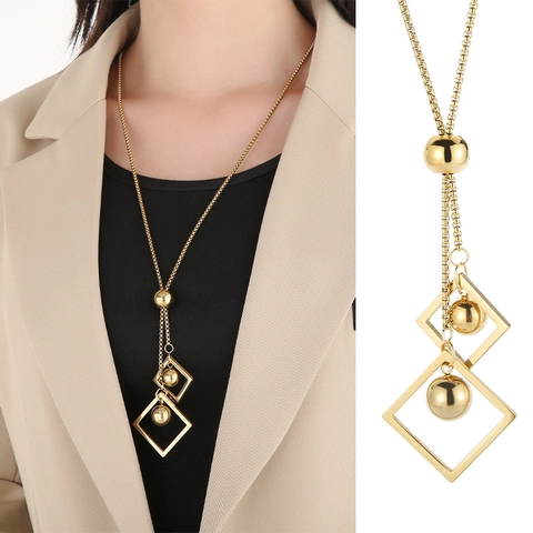 Long Collier Pendentif Minimaliste Acier Inoxydable Cadre Carré Géométrique Boule Polie Künstliche Perle Chaîne Pull Pour Femmes