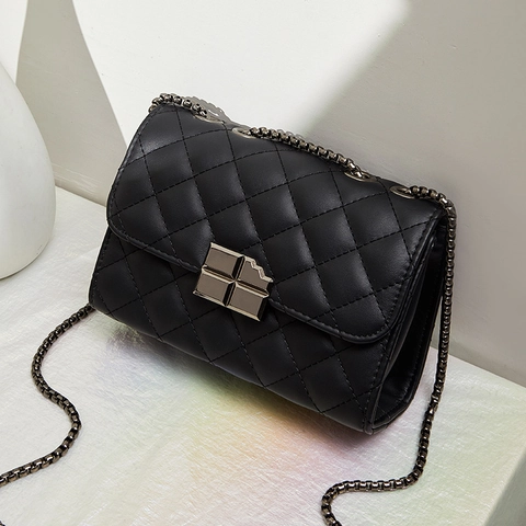 Women Quilted Crossbody Bag PU Leather Rhombic Pattern Metal Chain Strap Chocolate Lock Fashion Shoulder Purse