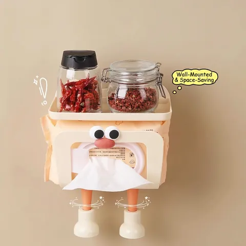 Wall Mounted Tissue Box Wet Wipe Dispenser Multi Functional Plastic Bathroom Storage Shelf Punch Free White Cartoon