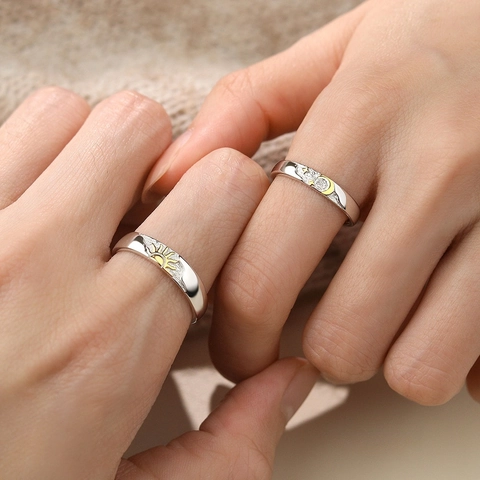 Sun Moon Star Couple Rings 925 Sterling Silver Adjustable Open Rings For Lovers Electroplated Gold Silver Plated Jewelry