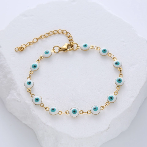 Pulsera Mal De Ojo Acero Inoxidable Chapado En Oro Esmalte Amuleto De Suerte Redondo Joyería Ajustable Para Mujeres Hombres