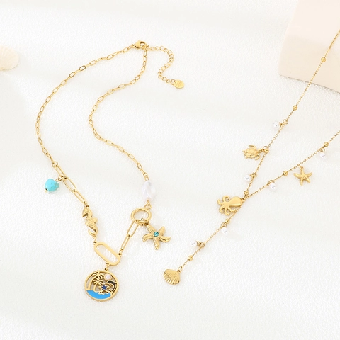 Collana In Acciaio Inossidabile Tema Oceano Con Pendenti Ippocampo Stella Marina Tartaruga Perla Artificial Gioielli Da Spiaggia Donna