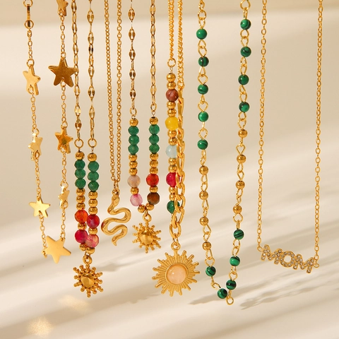 Collana Bracciale Pendente Sole Acciaio Inoxidabile Placcato Oro 18K Perline Pietra Naturale Boho Retro Moda Donna