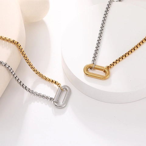 Stainless Steel Necklace Two Tone Asymmetric Chain 18K Gold Plated Textured Oval Pendant Modern Jewelry Women