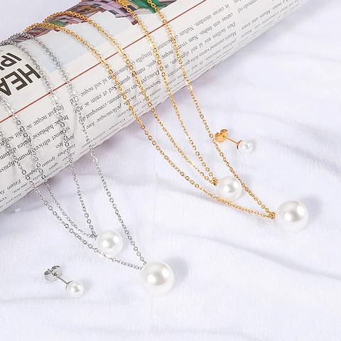 Elegant Artificial Pearl Jewelry Necklace And Earrings 316L Stainless Steel Double Layer Clavicle Chain Minimalist For Women