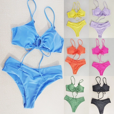Halter Bikini Top And Bottom Ruched Ring Detail Nylon Solid Color Swimsuit For Women High Waist V Cut Beachwear