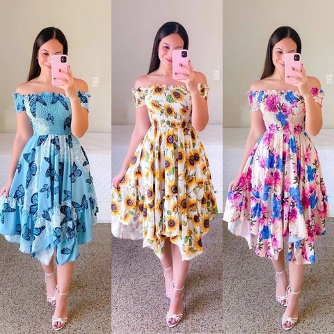 Women Off Shoulder Smocked Floral Print Asymmetrical Hem Midi Dress Short Sleeve Boho Beach Sundress Vacation Dress
