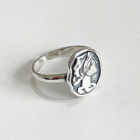 Anello Rilievo Ritratto Vintage Regolabile Aperto Argento Sterling 925 Stile Classico Minimalista Gioielli Donne