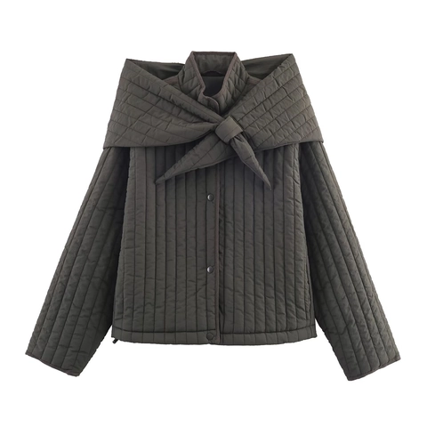 Women Quilted Jacket With Detachable Scarf Collar Vintage Padded Coat Casual Long Sleeve Solid Color Outerwear
