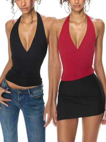 Women Halter Tank Top V Neck Slim Fit Backless Viscose Spandex Camisole With Chest Pads