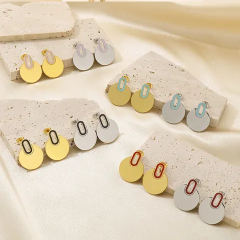 Geometric Round Stud Earrings Stainless Steel Colorful Enamel Minimalist Retro Fashion Jewelry For Women