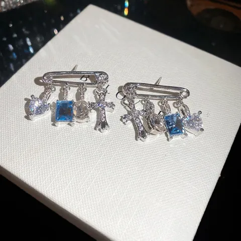 Sicherheitsnadel Tropfenohrringe Mit 925 Sterling Silber Ohrstecker Kreuz Herz Zirkon Anhänger Blau Edelstein Punk Schmuck Damen