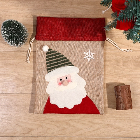 Christmas Gift Bags Burlap Drawstring Sacks Santa Reindeer Snowman Applique For Holiday Party Favors Treats Decor