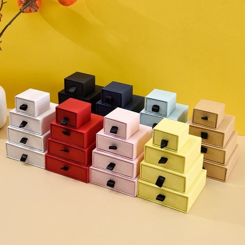 Jewelry Box Cardboard Drawer Style Gift Packaging With Ribbon Pull And Sponge Insert For Earring Necklace Storage Case