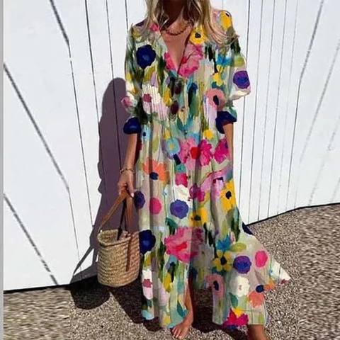 Robe Longue Maxi Bohème pour Femmes Grandes Tailles Col en V Manches Longues Imprimé Floral Élégante Décontractée de Vacances