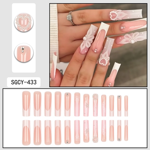 Press On Nails Coffin Shape French Tip 3D Flower Artificial Pearl Heart Rhinestone Elegant Acrylic False Fingernails For Women