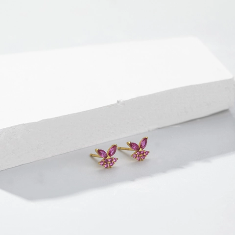 Pink Cubic Zirconia Butterfly Stud Earrings 925 Sterling Silver Earring Post For Women Girls Fashion Jewelry Sweet Style