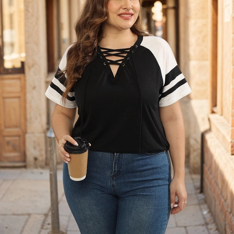 Plus Size T-Shirt Women V Neck Crisscross Lace Up Color Block Striped Raglan Short Sleeve Polyester Rayon Casual Top