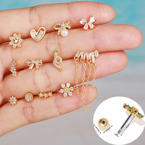Orecchini Per Cartilagine In Zircone Stile Farfalla Cuore Fiore Con Perno In Acciaio Inossidabile E Chiusura A Vite