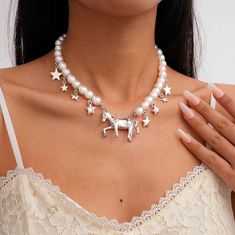 Collana Di Künstliche Perle Sintetiche Con Ciondolo Cavallo In Lega Argento E Ciondoli A Stella Gioielli Di Moda Retro Per Donne