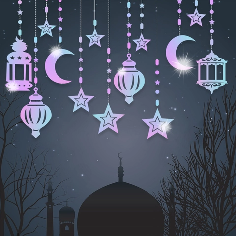 Eid Mubarak Ramadan Hanging Decorations Star Moon Lantern Paper Garland For Eid Al Fitr Home Party Background Venue Decor