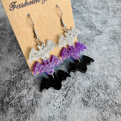 Bat Dangle Earrings Glitter Acrylic Three Layer Dark Gothic Style Halloween Party Jewelry For Women Novelty Ear Hook