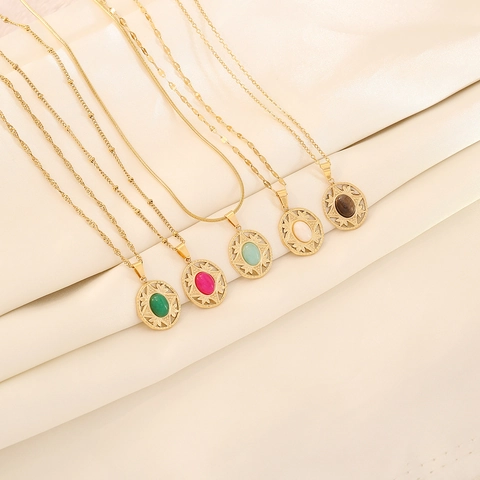 Collana In Acciaio Inossidabile Vintage Pendente In Pietra Naturale Ovale Motivo Sole Geometrico Cavo Gioielli Boho Donna