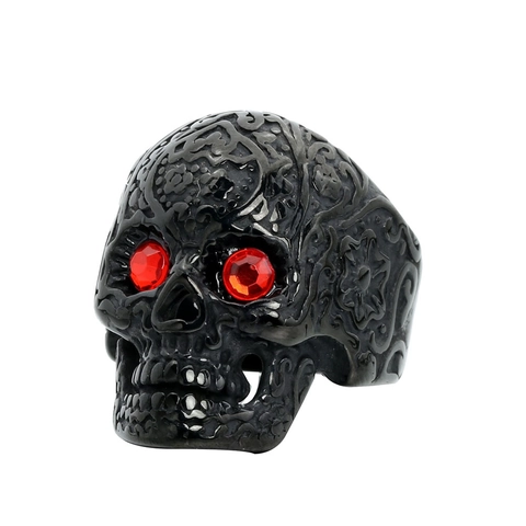 Anello Teschio Retrò Acciaio Inossidabile Punk Gothic Inciso Occhi Strass Rossi Per Uomo Stile Biker Gioielli