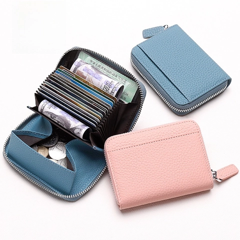 Women RFID Blocking Card Holder Genuine Cowhide Leather Lychee Pattern Accordion Zip Around Wallet Purse