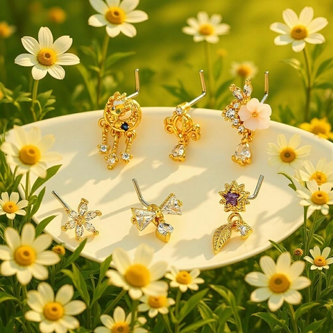 L-Shaped Copper 18K Gold Plated Zirconia Nose Studs For Women Personalized Flower Star Moon Butterfly Bowknot Piercing Jewelry