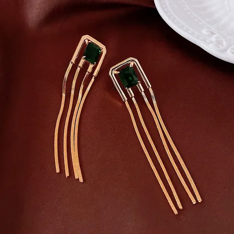 Pendientes Borla Circón Verde Cuadrado Cobre Vintage Geométrico Cadena Larga Con Poste Plata De Ley 925
