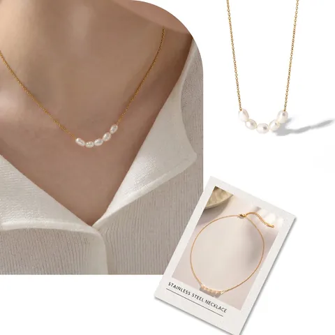 Stainless Steel Necklace With Freshwater Pearl Baroque Irregular 18K Gold Plated Elegant Jewelry For Women Clavicle Chain