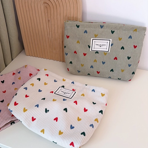 Cord Kosmetiktasche Herz Stickerei Reißverschluss Tragbare Reise Kulturbeutel Make Up Tasche Organizer Damen