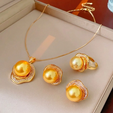 Vintage Goldene Kunstperlen Halskette Ohrringe Und Ring Schmuck Für Damen Kupfer Zirkon Silberner Ohrstecker Luxus