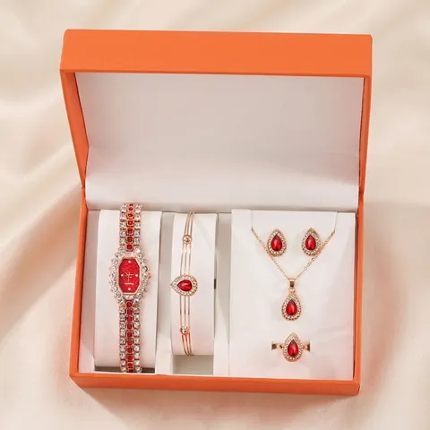 Montre à Quartz de Luxe pour Femme Avec Collier Bracelet Boucles d'Oreilles Bague Coffret Cadeau Strass Incrusté Bijoux en Alliage