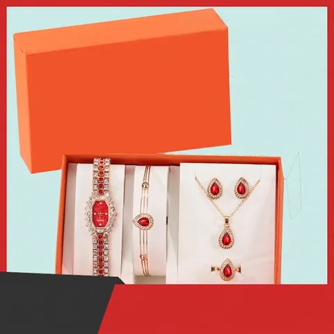 Luxury Women Quartz Watch With Necklace Bracelet Earrings Ring Gift Box Rhinestone Inlaid Alloy Jewelry Jewelry Set