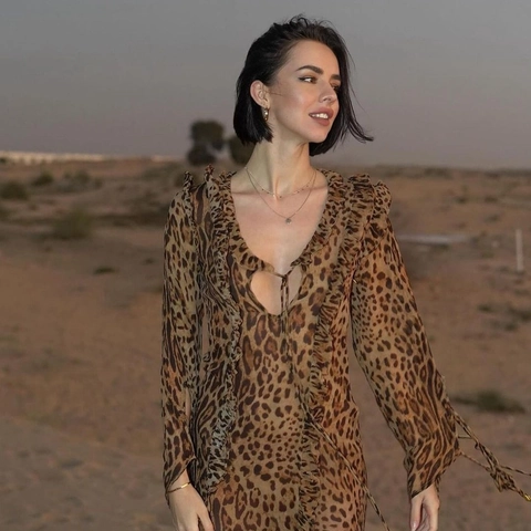 Vestito Maxi In Chiffon Con Stampa Leopardata Volant Scollo A V Spacco Frontale Maniche Lunghe Vestito Da Vacanza