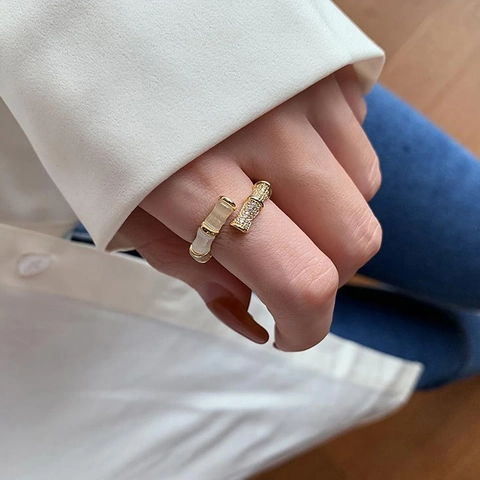 Elegant Bamboo Knot Open Ring Copper With Micro Set Zircon And Synthetic Cat's Eye Stone For Women Adjustable Fashion Jewelry