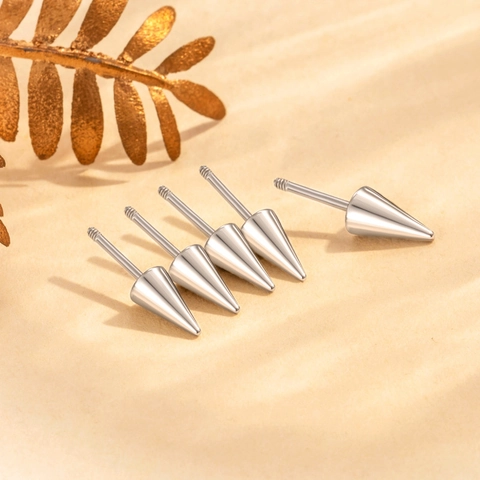 Titanium Steel Cone Piercing Ear Stud With Screw Back Thin Post Silver Tone Minimalist DIY Accessory