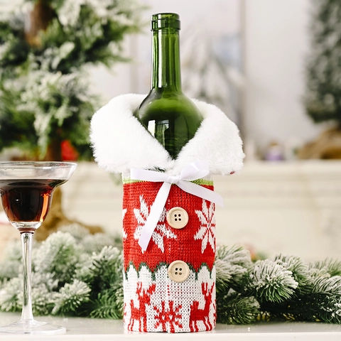 Christmas Wine Bottle Cover Knitted Snowflake Reindeer Pattern Faux Fur Collar Wooden Buttons Dinner Table Decoration Party