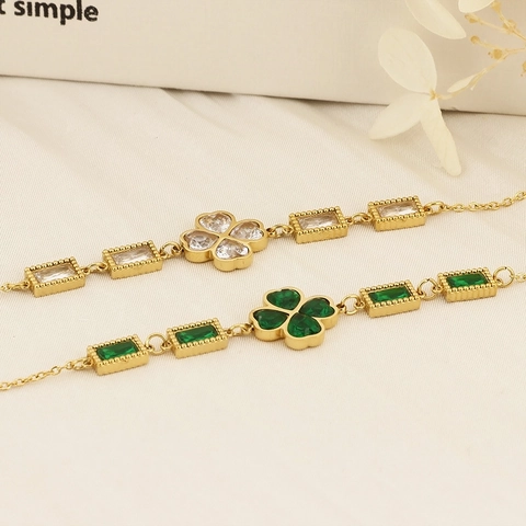 Bracciale In Acciaio Inossidabile Con Quadrifoglio E Fiore Zircone Rettangolare Catena Oro Regolabile Da Donna Elegante