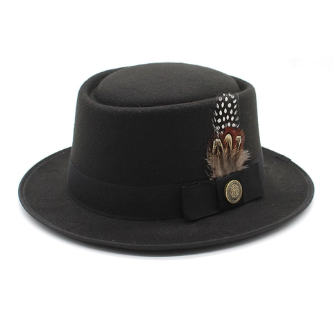 Chapeau Pork Pie Vintage Style Britannique En Feutre De Laine Avec Plume Ruban Épingle Métallique Pour Hommes Femmes