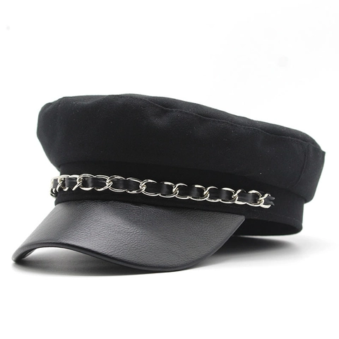 Casquette Gavroche Visière En Cuir PU Décor Chaîne Métallique Chapeau Militaire Coton Polyester Réglable