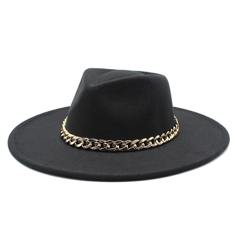 Breitkrempiger Fedora Hut Wollfilz Jazz Kappe Mit Goldener Metallkette Eleganter Moderner Winter Fashion Für Damen Und Herren